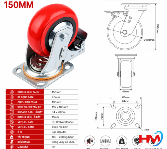 Bánh xe PU đỏ 150MM