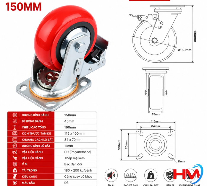 Bánh xe PU đỏ 150MM