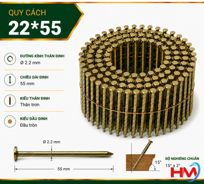 Đinh cuộn trơn 22x55 bắn pallet